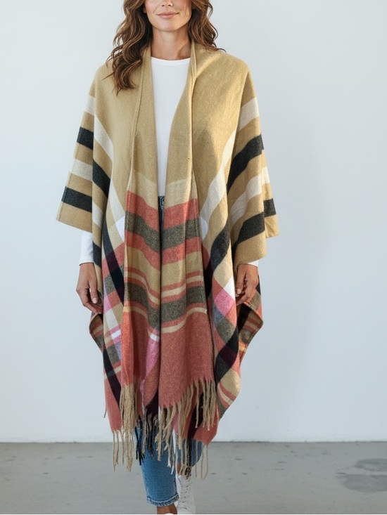 Woolrich Jackets & Blazers - Woolrich Women's Multi-Color Plaid Fringe Wrap Coatigan - Beige & Rust